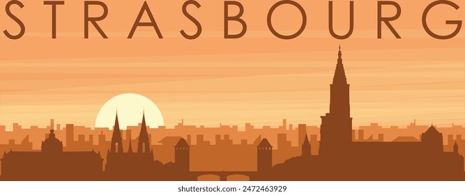 Brown panoramic poster of the city skyline with misty background buildings, sunrise, clouds and mountains of STRASBOURG, FRANCE