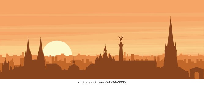 Brown panoramic poster of the city skyline with misty background buildings, sunrise, clouds and mountains of BORDEAUX, FRANCE