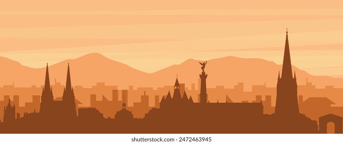 Brown panoramic poster of the city skyline with misty background buildings, sunrise, clouds and mountains of BORDEAUX, FRANCE