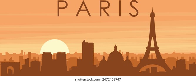 Braunes Panoramaposter der Stadtskyline mit nebeligen Hintergrundgebäuden, Sonnenaufgang, Wolken und Berge von PARIS, FRANKREICH