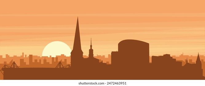 Brown panoramic poster of the city skyline with misty background buildings, sunrise, clouds and mountains of DORTMUND, GERMANY