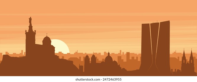 Brown panoramic poster of the city skyline with misty background buildings, sunrise, clouds and mountains of MARSEILLES, FRANCE