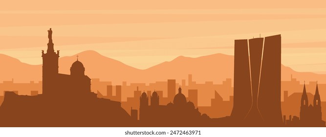 Brown panoramic poster of the city skyline with misty background buildings, sunrise, clouds and mountains of MARSEILLES, FRANCE