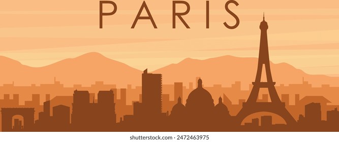 Brown panoramic poster of the city skyline with misty background buildings, sunrise, clouds and mountains of PARIS, FRANCE