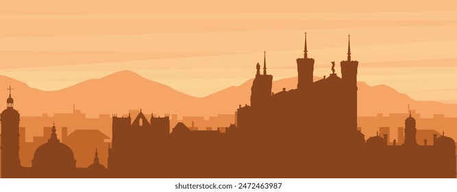 Brown panoramic poster of the city skyline with misty background buildings, sunrise, clouds and mountains of LYON, FRANCE