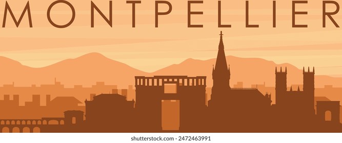 Brown panoramic poster of the city skyline with misty background buildings, sunrise, clouds and mountains of MONTPELLIER, FRANCE