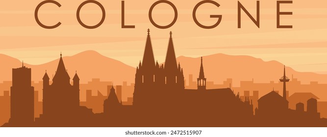 Brown panoramic poster of the city skyline with misty background buildings, sunrise, clouds and mountains of COLOGNE, GERMANY