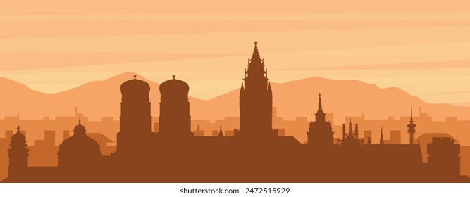 Brown panoramic poster of the city skyline with misty background buildings, sunrise, clouds and mountains of MUNICH, GERMANY