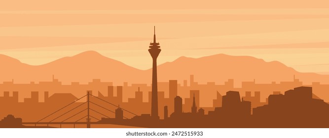 Brown panoramic poster of the city skyline with misty background buildings, sunrise, clouds and mountains of DUSSELDORF, GERMANY