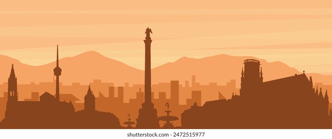Brown panoramic poster of the city skyline with misty background buildings, sunrise, clouds and mountains of STUTTGART, GERMANY