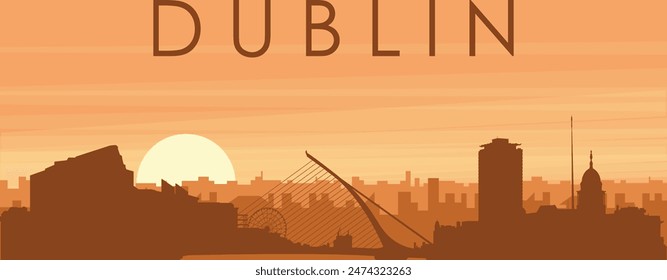 Braunes Panoramaposter der Skyline der Stadt mit nebeligen Hintergrundgebäuden, Sonnenaufgang, Wolken und Bergen von DUBLIN, IRLAND