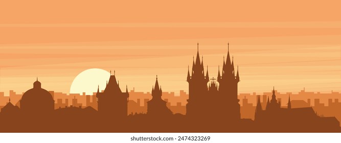 Afiche panorámico marrón del horizonte de la ciudad con edificios de fondo brumoso, amanecer, nubes y montañas de PRAGA, REPÚBLICA CHECA