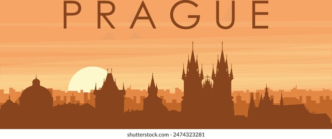 Afiche panorámico marrón del horizonte de la ciudad con edificios de fondo brumoso, amanecer, nubes y montañas de PRAGA, REPÚBLICA CHECA