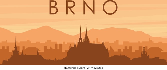 Afiche panorámico marrón del horizonte de la ciudad con edificios de fondo brumoso, amanecer, nubes y montañas de BRNO, REPÚBLICA CHECA