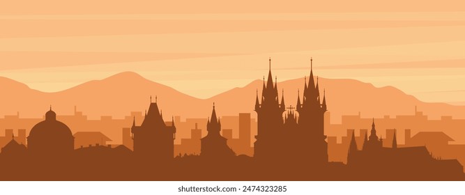 Brown panoramic poster of the city skyline with misty background buildings, sunrise, clouds and mountains of PRAGUE, CZECH REPUBLIC