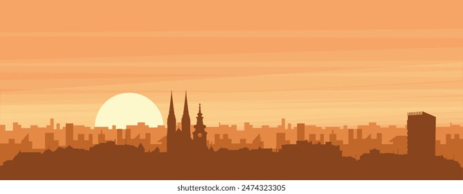 Brown panoramic poster of the city skyline with misty background buildings, sunrise, clouds and mountains of ZAGREB, CROATIA