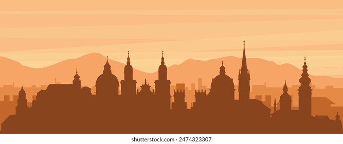 Brown panoramic poster of the city skyline with misty background buildings, sunrise, clouds and mountains of SALZBURG, AUSTRIA