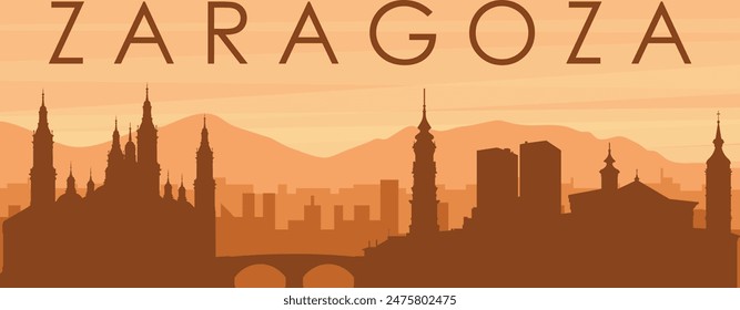 Afiche panorámico marrón del horizonte de la ciudad con edificios de fondo brumoso, amanecer, nubes y montañas de ZARAGOZA, ESPAÑA