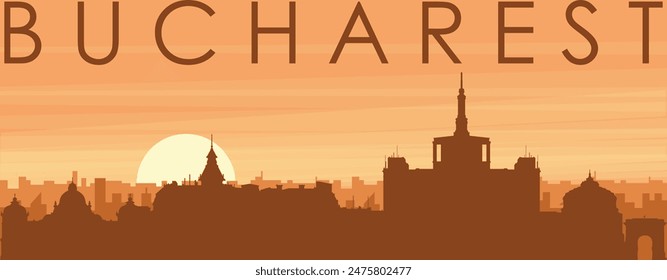 Brown panoramic poster of the city skyline with misty background buildings, sunrise, clouds and mountains of BUCHAREST, ROMANIA
