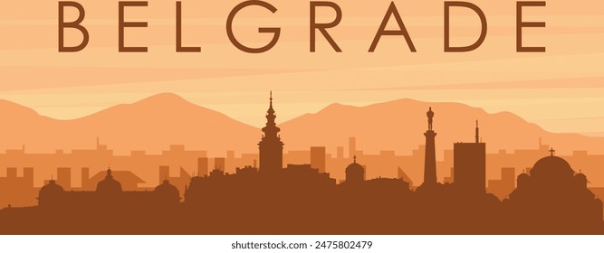 Brown panoramic poster of the city skyline with misty background buildings, sunrise, clouds and mountains of BELGRADE, SERBIA