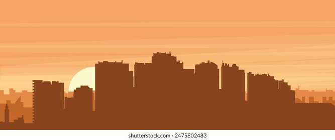 Brown panoramic poster of the city skyline with misty background buildings, sunrise, clouds and mountains of MALAGA, SPAIN