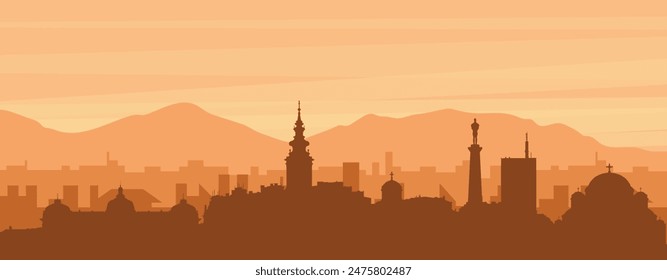 Brown panoramic poster of the city skyline with misty background buildings, sunrise, clouds and mountains of BELGRADE, SERBIA