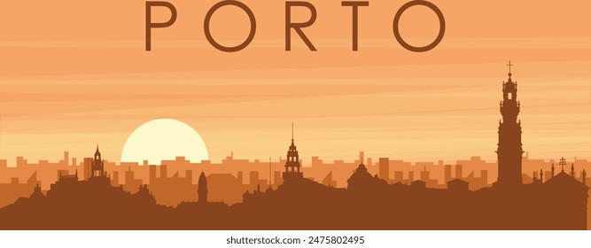 Brown panoramic poster of the city skyline with misty background buildings, sunrise, clouds and mountains of PORTO, PORTUGAL