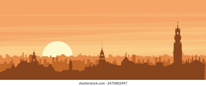 Brown panoramic poster of the city skyline with misty background buildings, sunrise, clouds and mountains of PORTO, PORTUGAL