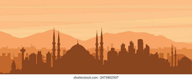 Brown panoramic poster of the city skyline with misty background buildings, sunrise, clouds and mountains of ISTANBUL, TURKEY