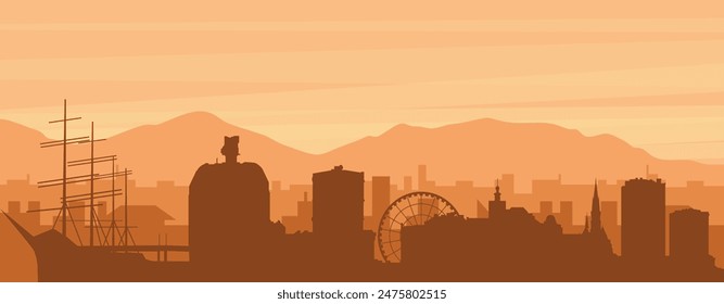 Brown panoramic poster of the city skyline with misty background buildings, sunrise, clouds and mountains of GOTHENBURG, SWEDEN