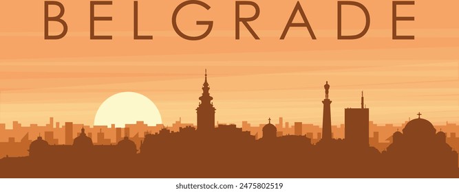 Brown panoramic poster of the city skyline with misty background buildings, sunrise, clouds and mountains of BELGRADE, SERBIA