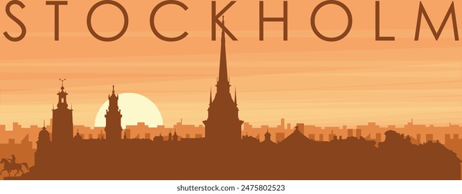 Brown panoramic poster of the city skyline with misty background buildings, sunrise, clouds and mountains of STOCKHOLM, SWEDEN