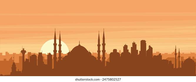 Brown panoramic poster of the city skyline with misty background buildings, sunrise, clouds and mountains of ISTANBUL, TURKEY