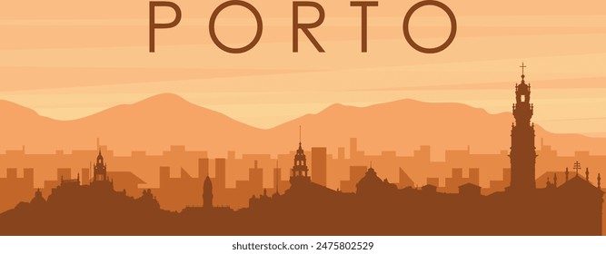 Brown panoramic poster of the city skyline with misty background buildings, sunrise, clouds and mountains of PORTO, PORTUGAL