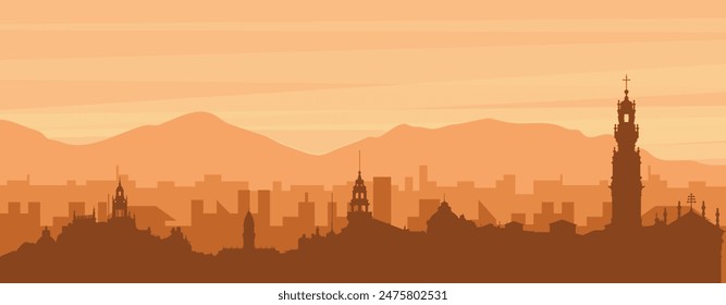 Brown panoramic poster of the city skyline with misty background buildings, sunrise, clouds and mountains of PORTO, PORTUGAL