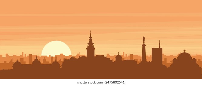 Brown panoramic poster of the city skyline with misty background buildings, sunrise, clouds and mountains of BELGRADE, SERBIA