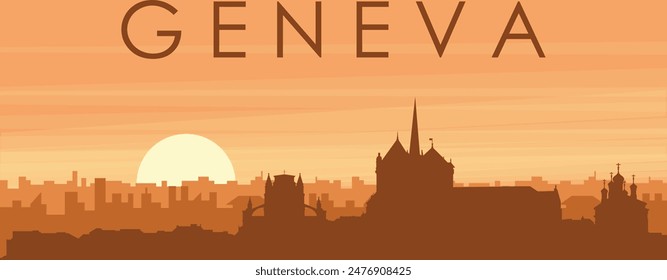 Afiche panorámico marrón del horizonte de la ciudad con edificios de fondo brumoso, amanecer, nubes y montañas de GINEBRA, SUIZA
