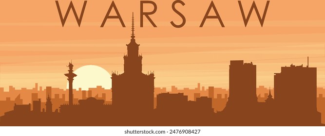 Brown panoramic poster of the city skyline with misty background buildings, sunrise, clouds and mountains of WARSAW, POLAND