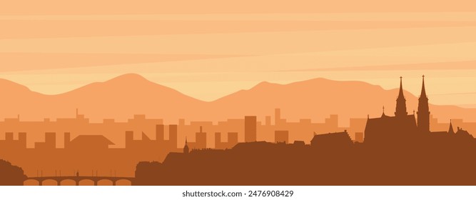 Brown panoramic poster of the city skyline with misty background buildings, sunrise, clouds and mountains of BASEL, SWITZERLAND
