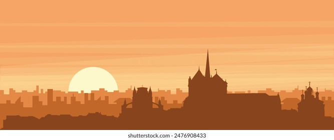 Brown panoramic poster of the city skyline with misty background buildings, sunrise, clouds and mountains of GENEVA, SWITZERLAND