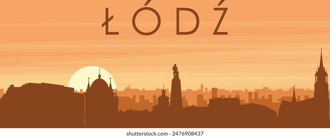 Brown panoramic poster of the city skyline with misty background buildings, sunrise, clouds and mountains of LODZ, POLAND