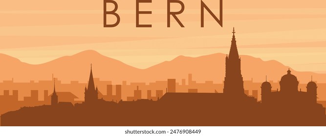 Brown panoramic poster of the city skyline with misty background buildings, sunrise, clouds and mountains of BERN, SWITZERLAND