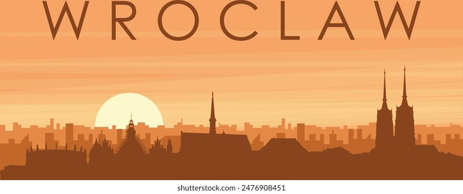 Brown panoramic poster of the city skyline with misty background buildings, sunrise, clouds and mountains of WROCLAW, POLAND