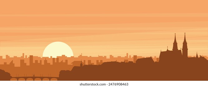 Brown panoramic poster of the city skyline with misty background buildings, sunrise, clouds and mountains of BASEL, SWITZERLAND