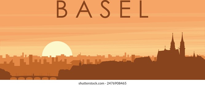 Brown panoramic poster of the city skyline with misty background buildings, sunrise, clouds and mountains of BASEL, SWITZERLAND