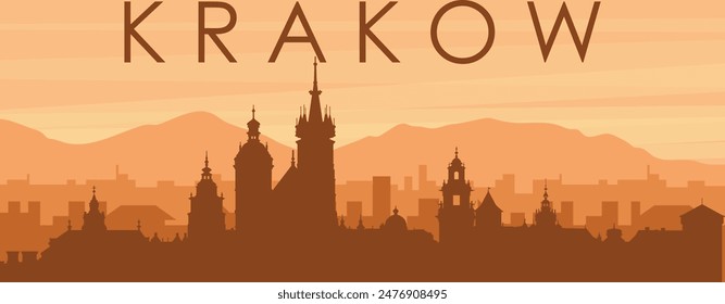 Brown panoramic poster of the city skyline with misty background buildings, sunrise, clouds and mountains of KRAKOW, POLAND