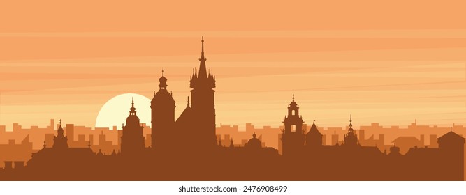 Brown panoramic poster of the city skyline with misty background buildings, sunrise, clouds and mountains of KRAKOW, POLAND