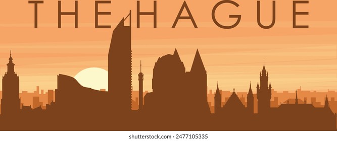 Brown panoramic poster of the city skyline with misty background buildings, sunrise, clouds and mountains of THE HAGUE, NETHERLANDS