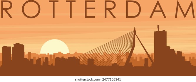 Brown panoramic poster of the city skyline with misty background buildings, sunrise, clouds and mountains of ROTTERDAM, NETHERLANDS