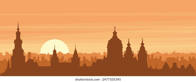 Brown panoramic poster of the city skyline with misty background buildings, sunrise, clouds and mountains of AMSTERDAM, NETHERLANDS